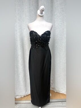 Vintage black sequins strapless maxi gown dress inset bra